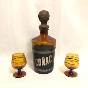 Vintage Amber Glass Cognac Bottle, Mid Century Modern Amber Glass Vase, Antique Liquor Bottle, Spanish Leather Decanter, Retro Vase Flask