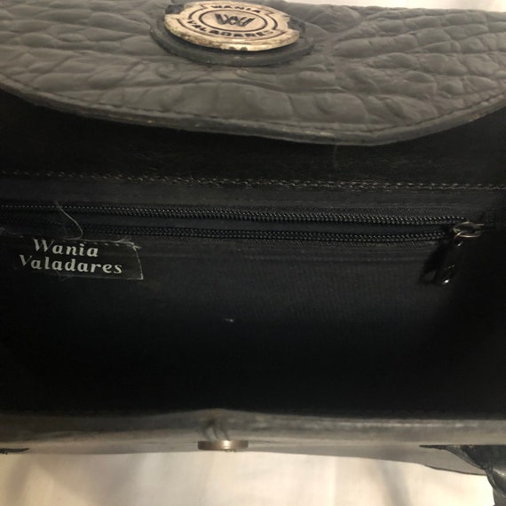 Vintage Black Distressed Leather Shoulder Bag, Embossed Crocodile