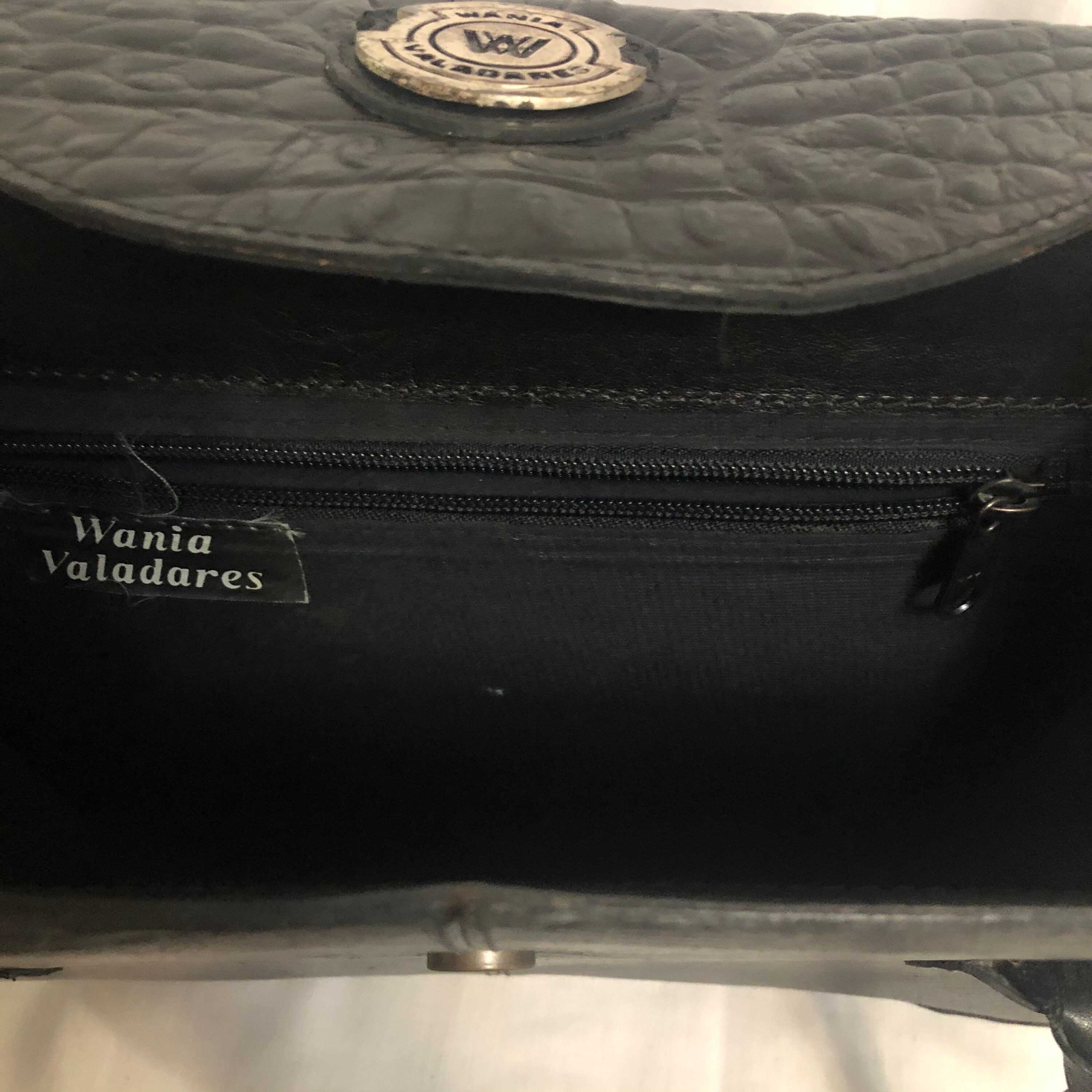 Vintage Black Distressed Leather Shoulder Bag, Embossed Crocodile