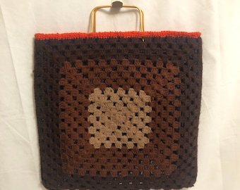 Vintage Brown Crocheted Top Handle Bag, Large Woven Tote, Hand Knit Purse, Braided Handbag, Afghan Style Bag, Carpet Purse, Needlepoint Bag