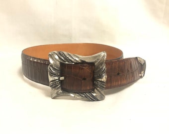 Vintage Brighton Brown Crocodile Leather Belt with Silver Buckle, Western Faux Crocodile Belt, Bohemian Leather Belt, Designer Belt Small
