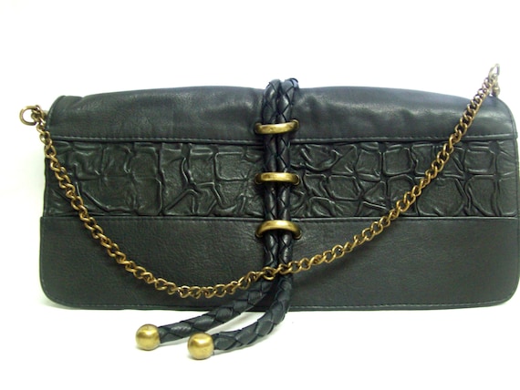 Black Ruched Leather Shoulder Bag / Designer Blac… - image 1