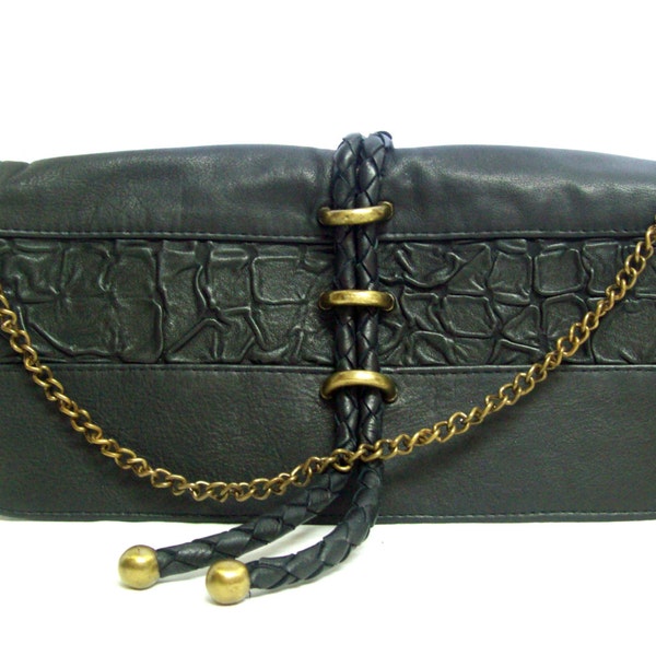 Black Ruched Leather Shoulder Bag / Designer Black Braided Leather Clutch / Black Leather Purse w/ Brass Hardware / Woven Leather Bag