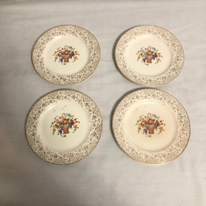 Vintage Royal China Warranted 22 Karat Gold Floral Snack Plates, Antique Gilt Saucers,