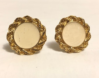 Round Gold and Beige Enamel Twisted Clip On Circle Earrings | Circular Gold Elaborately Braided Earrings from 1970s