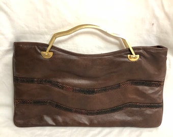 Vintage Brown Leather and Snakeskin Bag with Brass Handles
