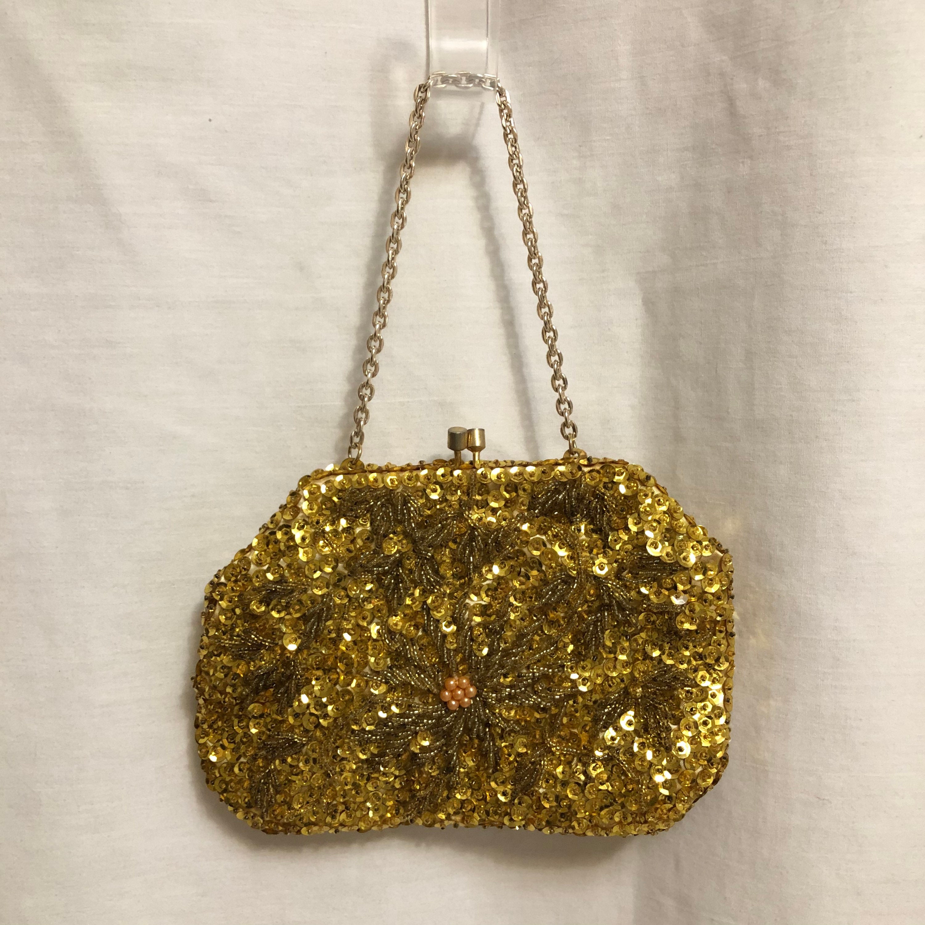 Vintage Gold Beaded & Sequin Formal Kiss Lock Top Handle Bag  display picture 3