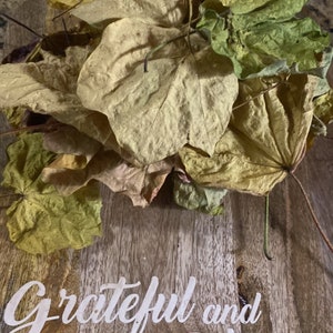 May include: A wooden sign with the text "Grateful and Blessed" in white lettering. A pile of dried leaves in various shades of yellow, brown, and green are on top of the sign.