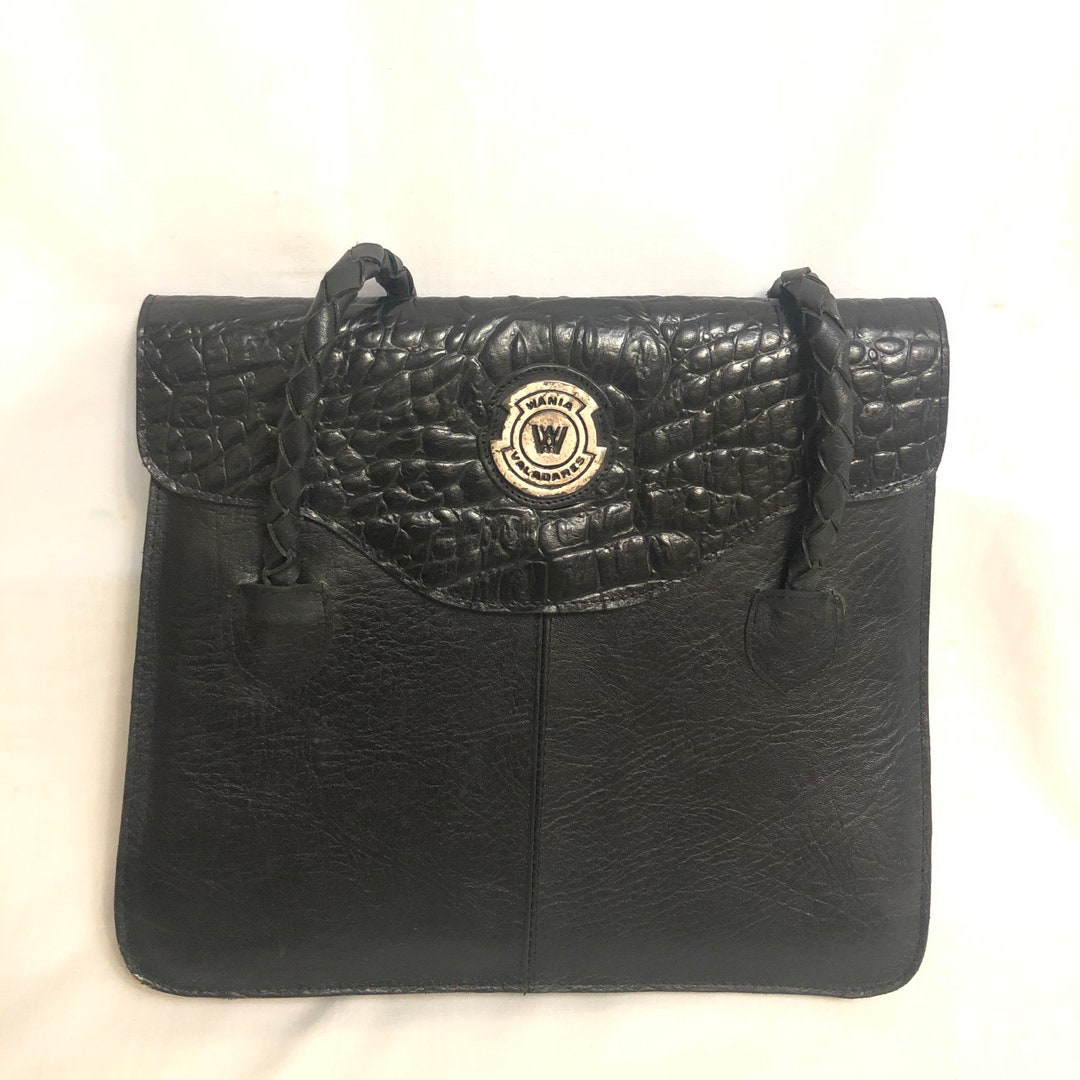 Vintage Black Distressed Leather Shoulder Bag, Embossed Crocodile