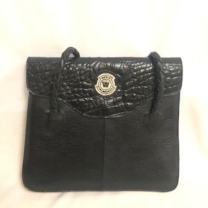 Vintage Black Distressed Leather Shoulder Bag, Embossed Crocodile Handbag, 90s Croc Purse, Crocodile Tote Bag, Biker Chick Bag, Y2K Handbag