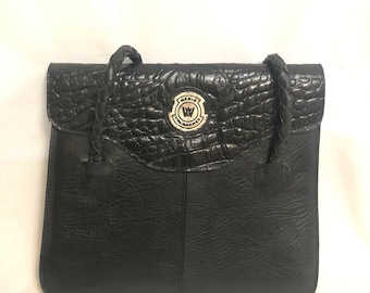 Vintage Black Distressed Leather Shoulder Bag, Embossed Crocodile