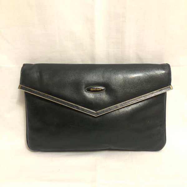 Vintage Etienne Agner Black Leather Envelope Clutch w/ Shoulder Strap, Minimalist Purse, Simple Handbag, Designer Baguette Bag, Mid Century