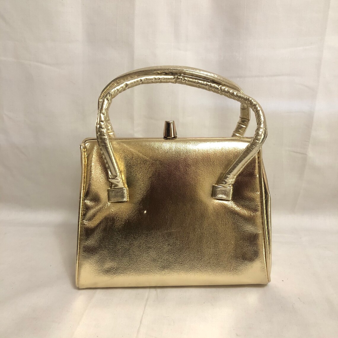 Vintage Gold Metallic Leather Top Handle Bag Mid Century Etsy