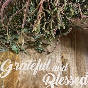 May include: A bunch of dried green leafy herbs with reddish stems on a wooden surface with the text "Grateful and Blessed" written in white.