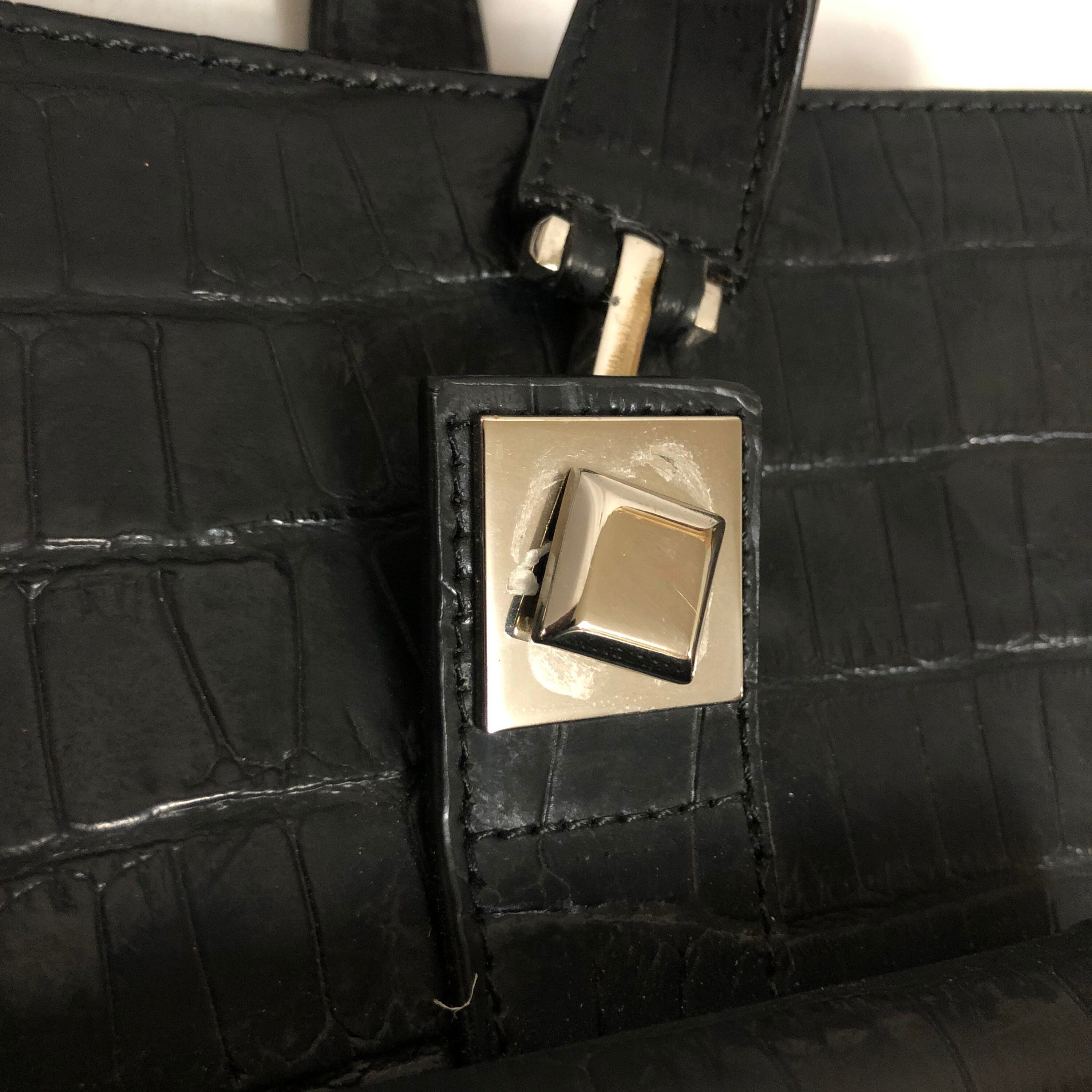 Black Embossed Crocodile Leather Shoulder Bag, XL Black Leather 