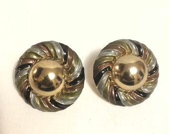 Vintage Gold Oversized Round Multicolored Clip On Earrings | Large Earthy Toned Sphere and Circle Earrings | Unique Avant Garde Earrings