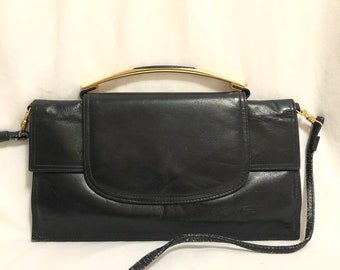 Vintage Black Leather Double Flap Clutch with Gold Top Handle