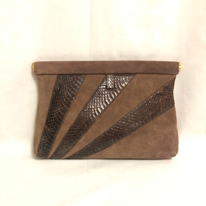 Cartera vintage de piel de serpiente y ante marrón, cartera geométrica de piel de serpiente, bolso de mano de piel exótica, bolso de otoño, regalos para ella, cartera minimalista