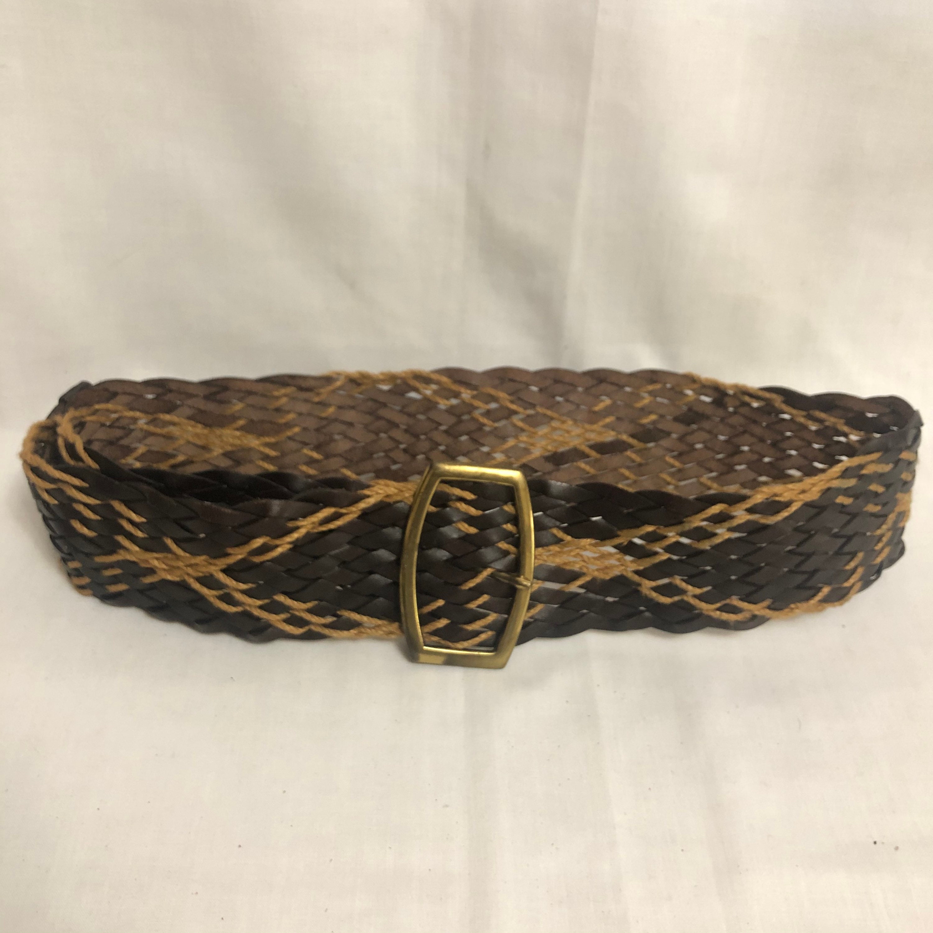 Vintage Hand Laced Leather Belt Woven Jute Inlay Brown Size 36 Boho 90s Brown Braided Leather Belt: Woven Boho Style, Fits up to  main image 2