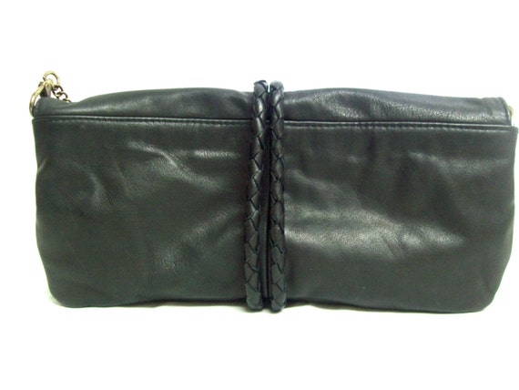 Black Ruched Leather Shoulder Bag / Designer Blac… - image 2