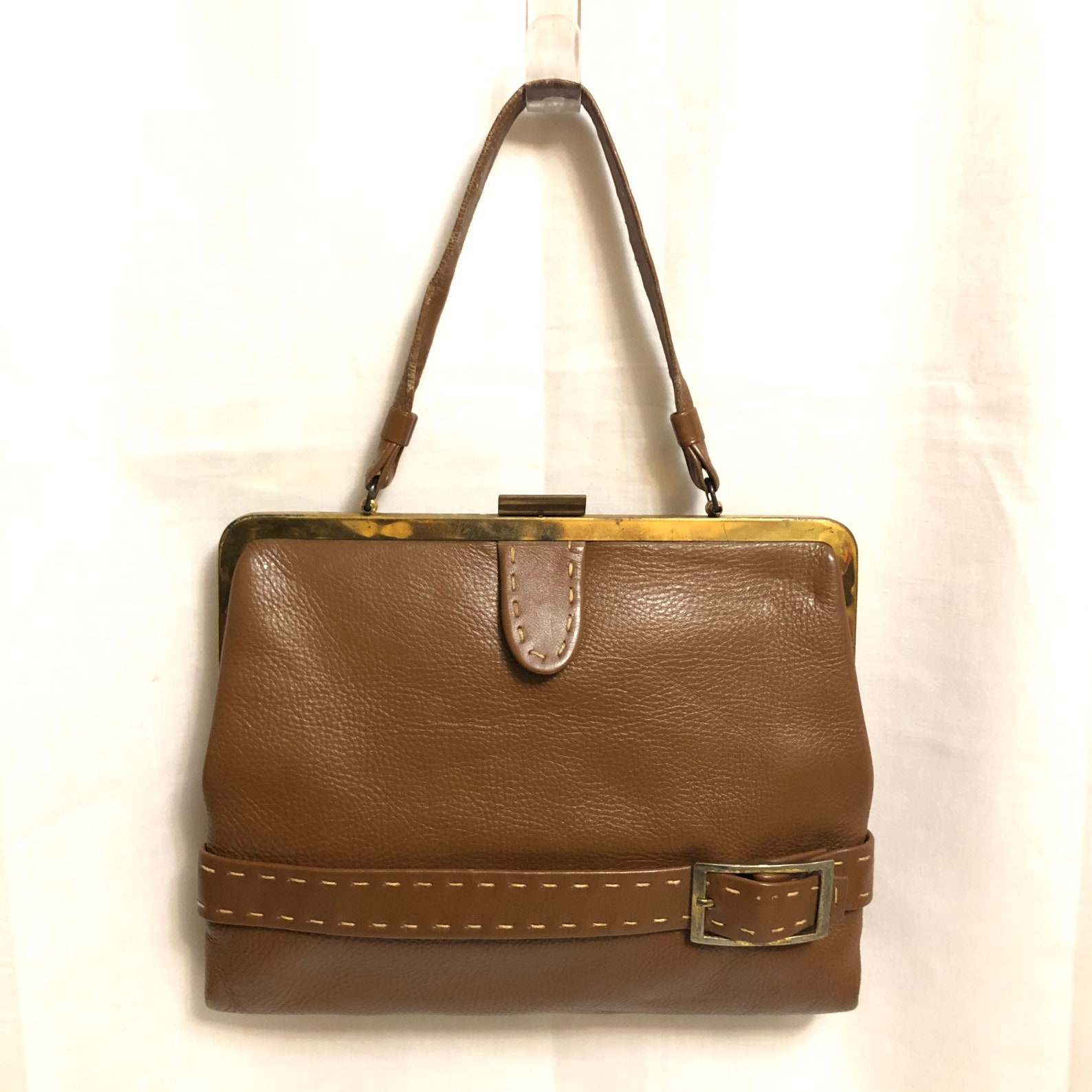 Vintage Brown Leather Top Handle Bag with Gold Frame and Etsy
