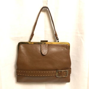 Vintage Brown Leather Top Handle Bag with Gold Frame and Buckle Detail, Guild Creations Leather Purse, Designer Handbag, 1950s Purse