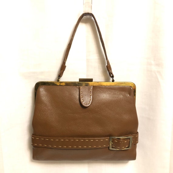 Vintage Brown Leather Top Handle Bag with Gold Fr… - image 1