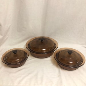 Vintage Pyrex Vision Ribbed Amber Glass Nesting Casserole Dishes, Retro Cookware, Vision Corning USA