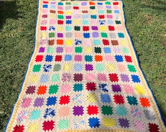Vintage Granny Hand Crocheted Afghan | 7 Foot Hand Knit Quilted Blanket, 1970s Multicolor Geometric Floral Afghan, Cozy Retro Wool Throw