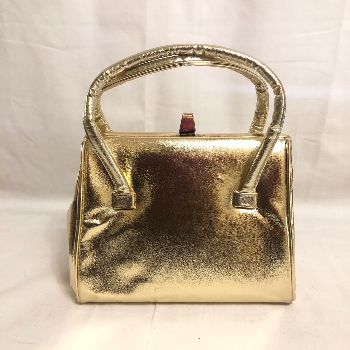 Vintage Gold Metallic Leather Top Handle Bag Mid Century Etsy