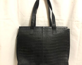 Black Embossed Crocodile Leather Shoulder Bag, XL Black Leather