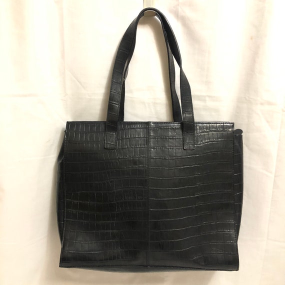 Black Embossed Crocodile Leather Shoulder Bag, XL… - image 2