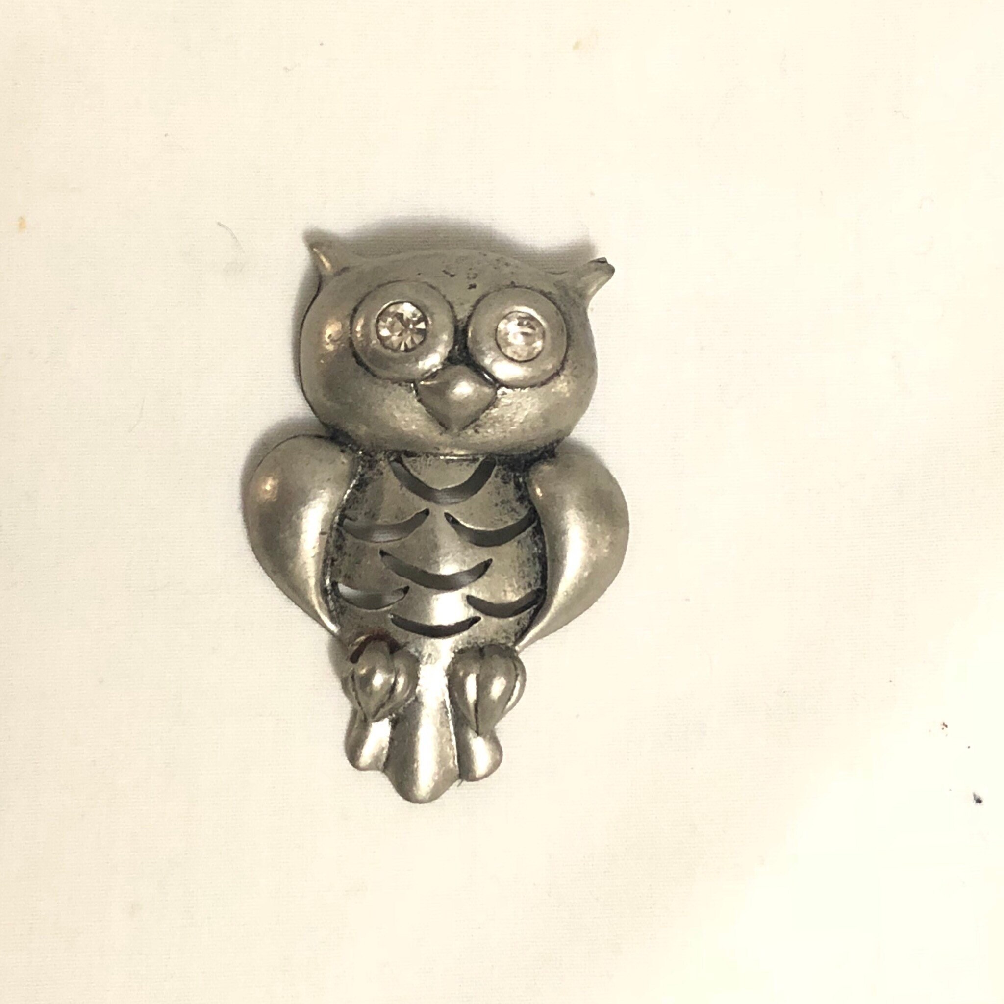 Vintage Silver Owl Pendant w/ Clear Rhinestone Eyes | Boho Owl Necklace | Oversized Owl Pendant | Ow
