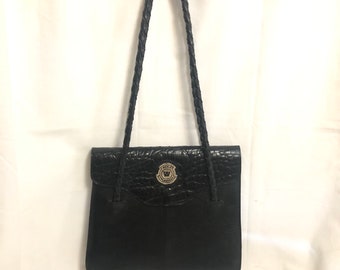 Vintage Black Distressed Leather Shoulder Bag, Embossed Crocodile