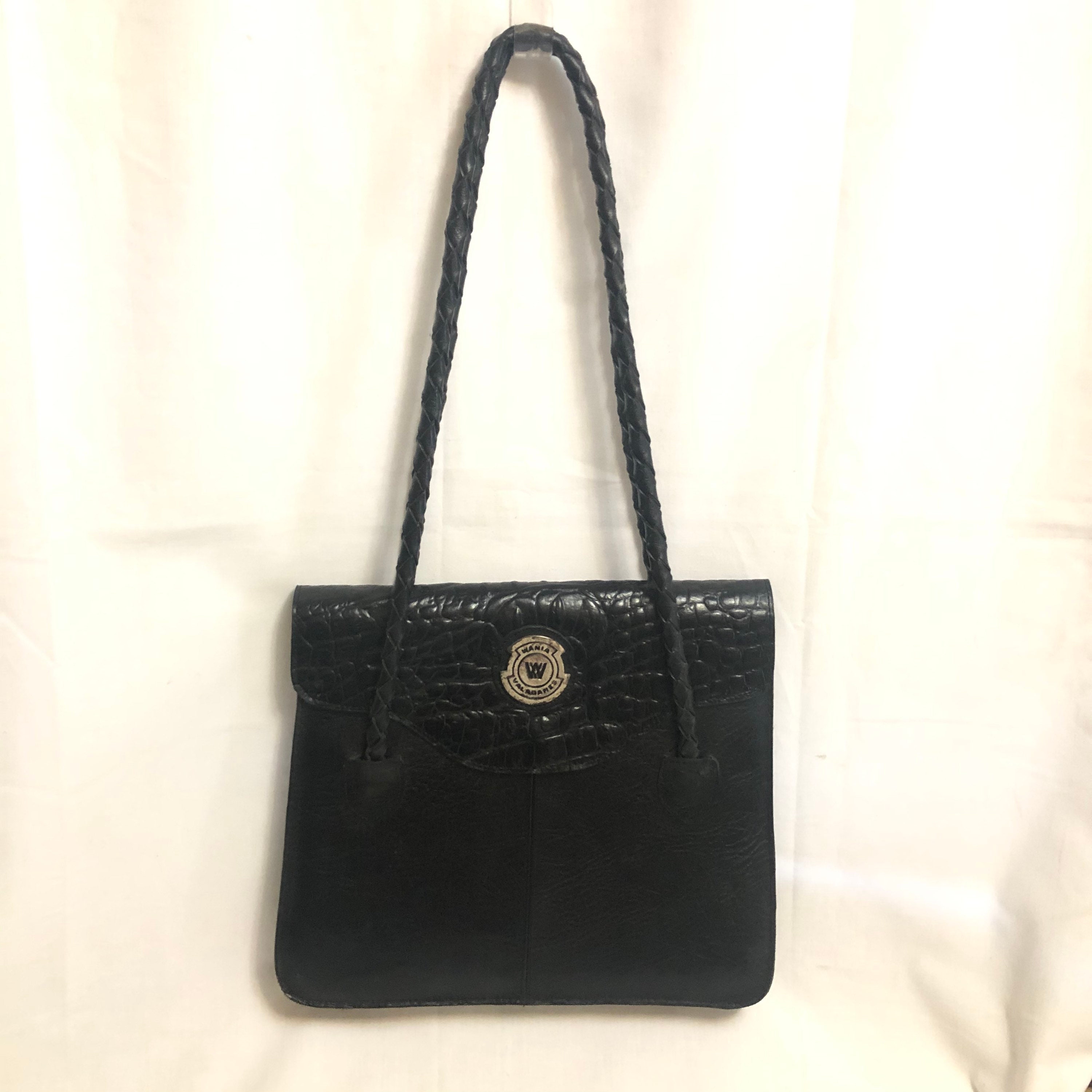 Vintage Black Distressed Leather Shoulder Bag, Embossed Crocodile