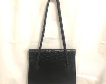 Vintage Black Distressed Leather Shoulder Bag, Embossed Crocodile