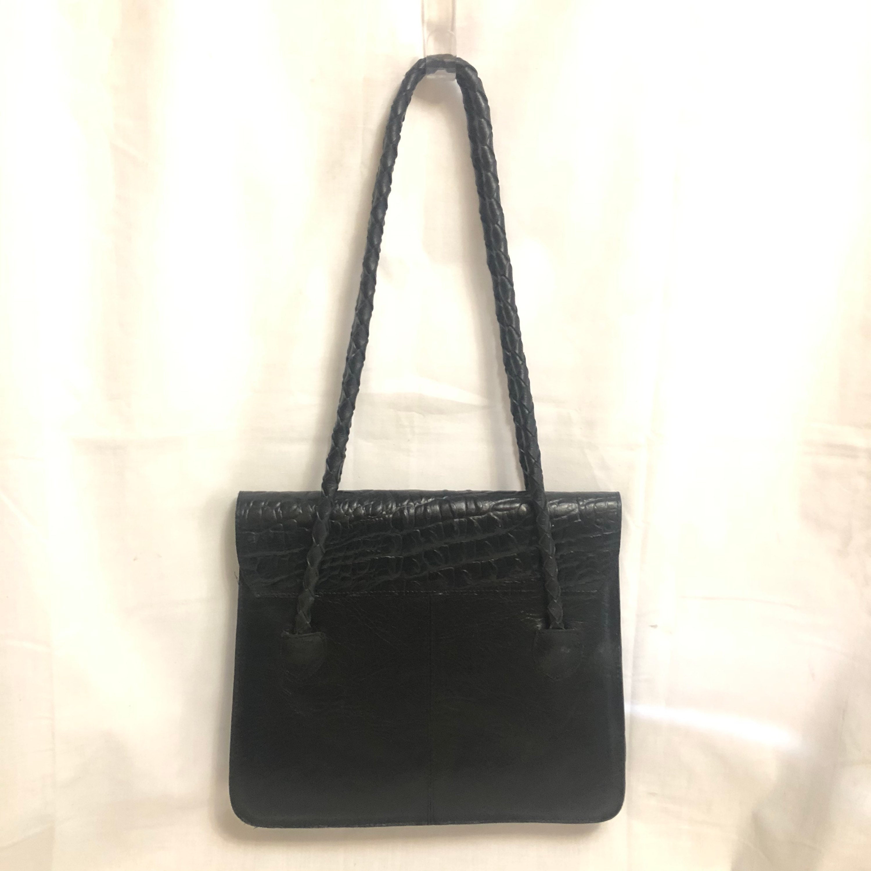 バッグ Super Rare Black Croco Leather Bag 00s Vintage Black Distressed Leather Shoulder Bag, Embossed Crocodile