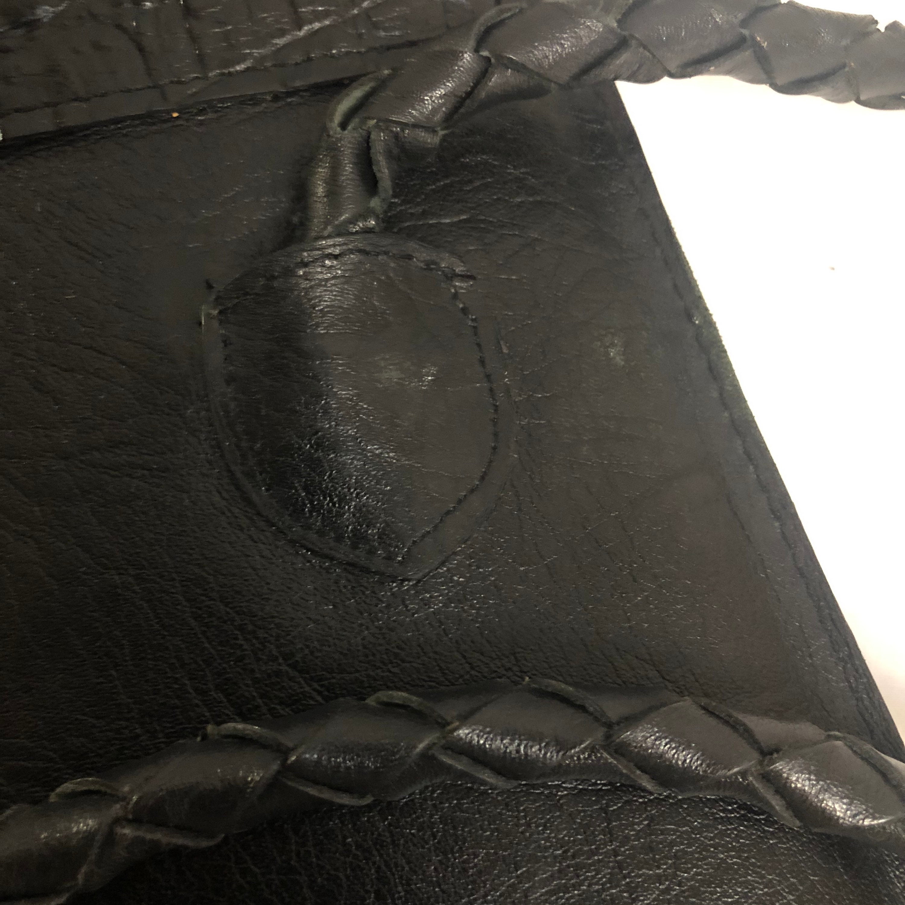 Vintage Black Distressed Leather Shoulder Bag, Embossed Crocodile