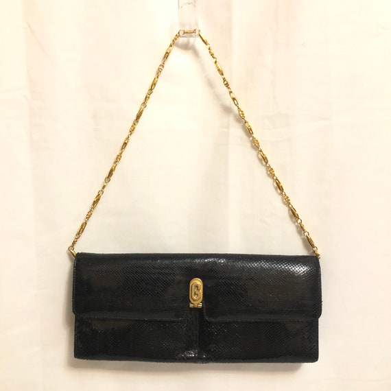 Vintage Black Snakeskin Baguette Bag | Black Pyth… - image 2