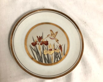 Small Chokin Japan Plate with Gold Trim and Hummingbird Floral Design