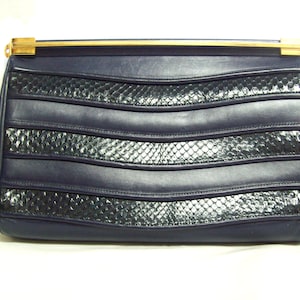 Cartera vintage de piel de serpiente y cuero azul marino / Cartera de piel de pitón azul oscuro / Cartera de piel de serpiente con patchwork / Cartera rectangular de piel exótica