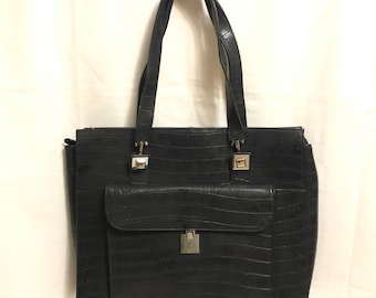 Black Embossed Crocodile Leather Shoulder Bag, XL Black Leather Tote Bag, Y2K Handbag, Vintage Alligator Bag, All Black Tote, Minimalist Bag