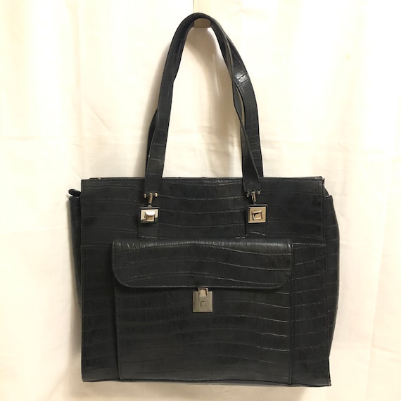 Black Embossed Crocodile Leather Shoulder Bag, XL… - image 1