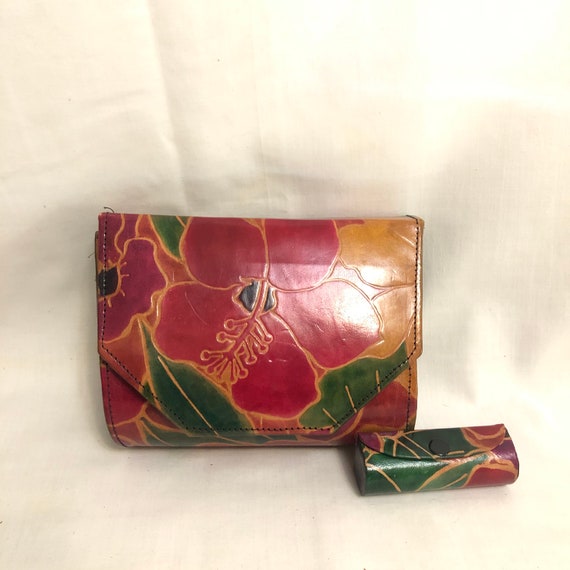 Vintage Red & Orange Leather Floral Crossbody Bag… - image 1