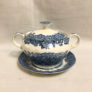 Vintage English Village by Salem China Olde Staffordshire Sugar Bowl & Saucer Set, Blue and White Colonial Ironstone Dinnerware,