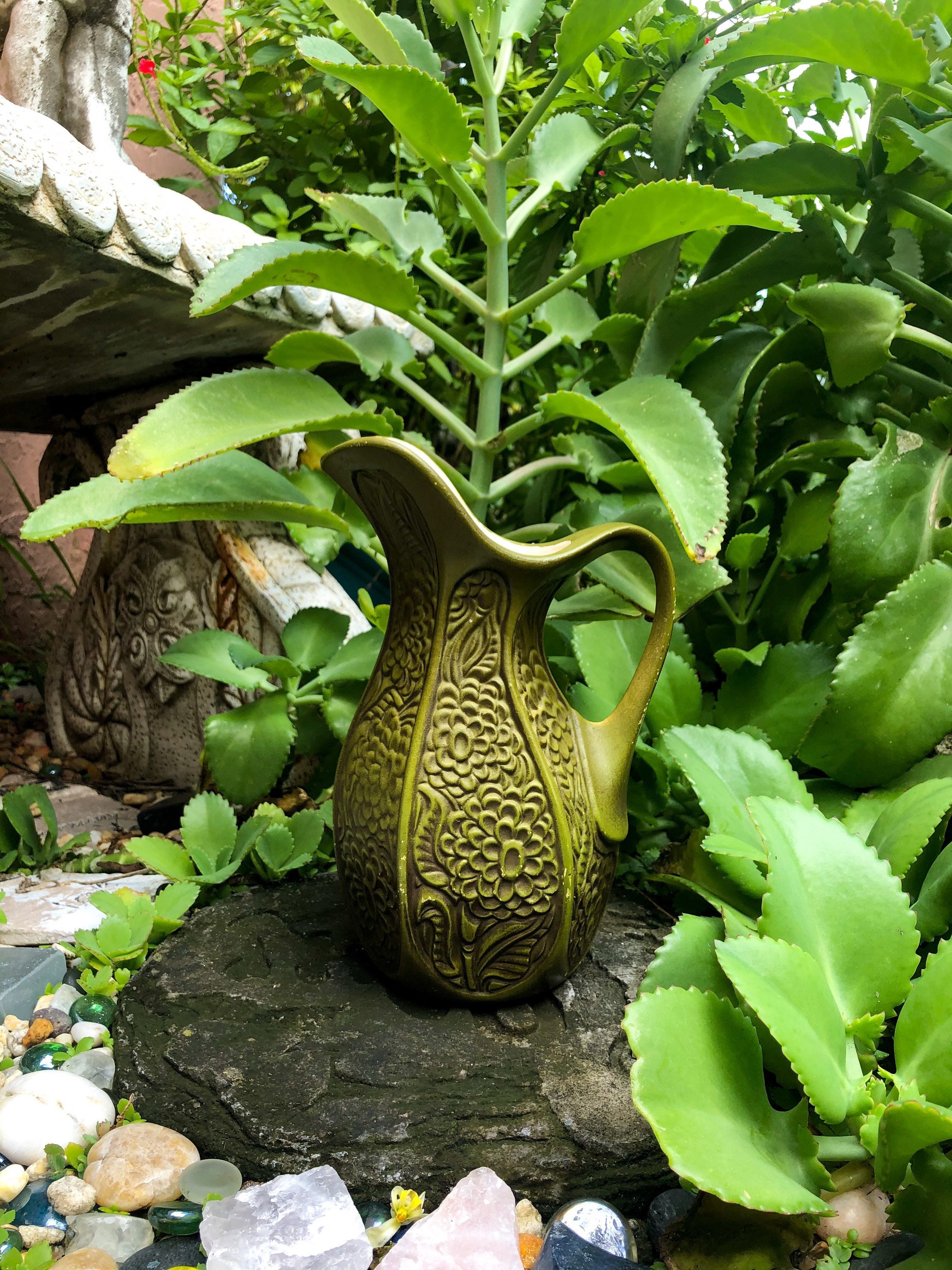 Vintage Mccoy Pottery 618 Olive Green Floral Pitcher Vase 9", Retro Home Decor, Mod Mid Century Vase, Stoneware, American