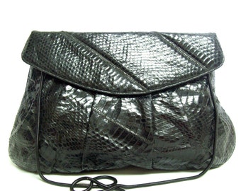 Original by Caprice Abstract Black Python Clutch / Snakeskin Patchwork Flap Bag / Real Python Shoulder Bag / Black Leather Designer Bag