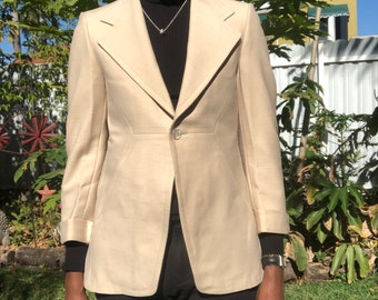 Vintage Lansons Haute Couture Beige Textured Single Button Blazer, Men’s Blazer Jacket, Women’s Structured Coat, Retro Designer Blazer