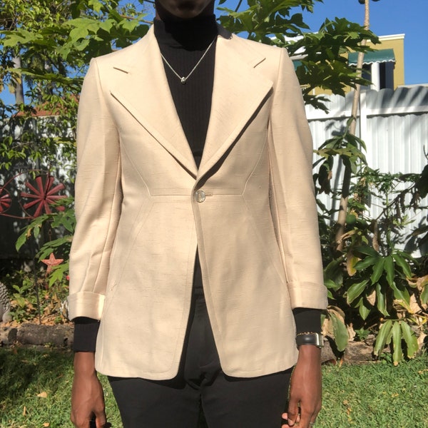 Vintage Lansons Haute Couture Beige Textured Single Button Blazer, Men’s Blazer Jacket, Women’s Structured Coat, Retro Designer Blazer