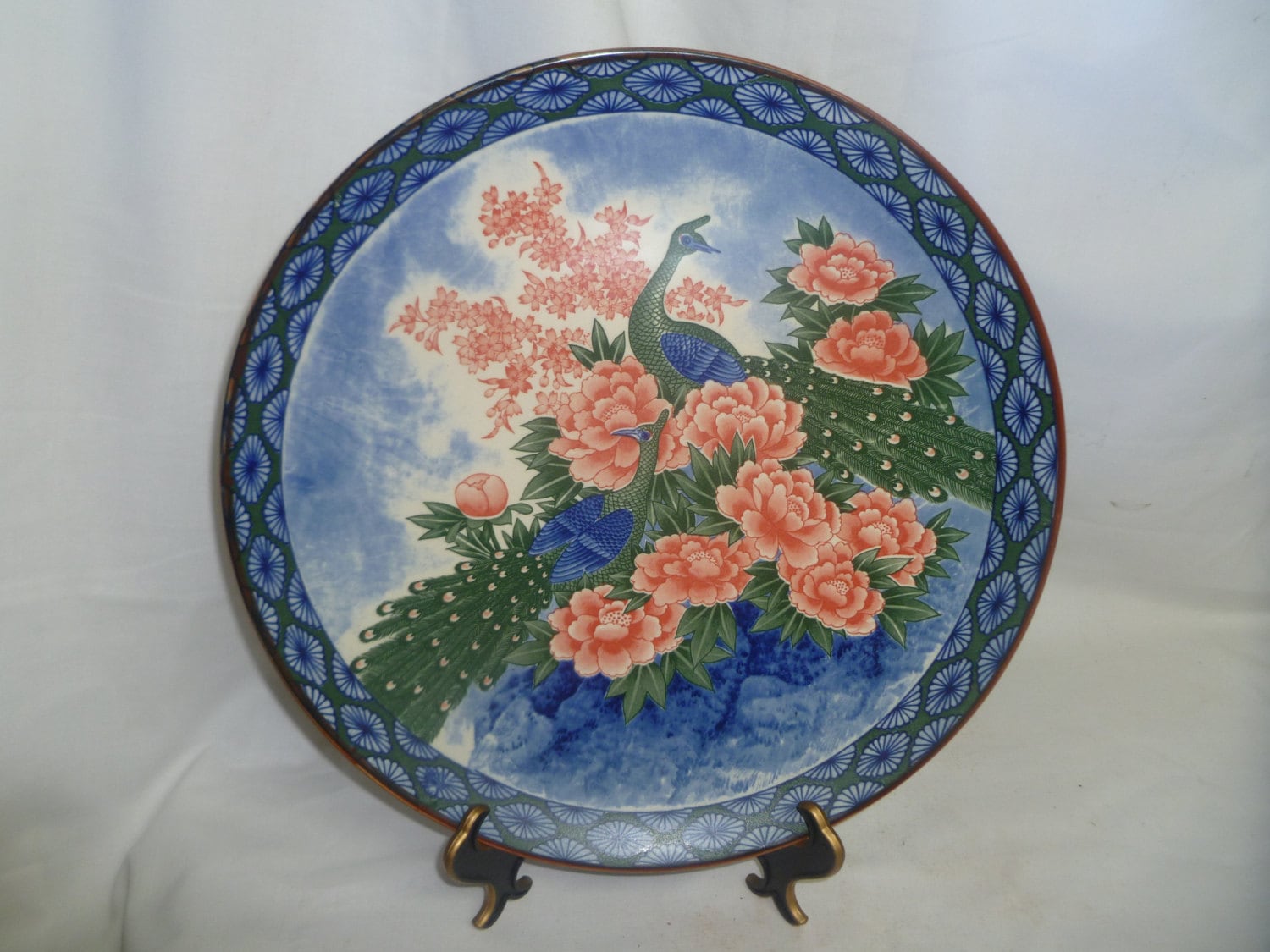 Asahi Japan Large Collectible Porcelain Plate Peacock Pink Floral